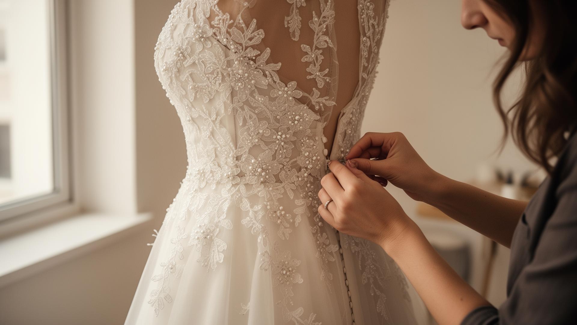 Wedding dress alterations workspace with delicate details