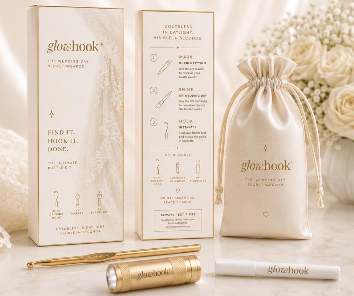 The GlowHook bridal bustle kit — boxes, satin pouch, crochet hook, colorless UV marker, and UV flashlight arranged on marble.