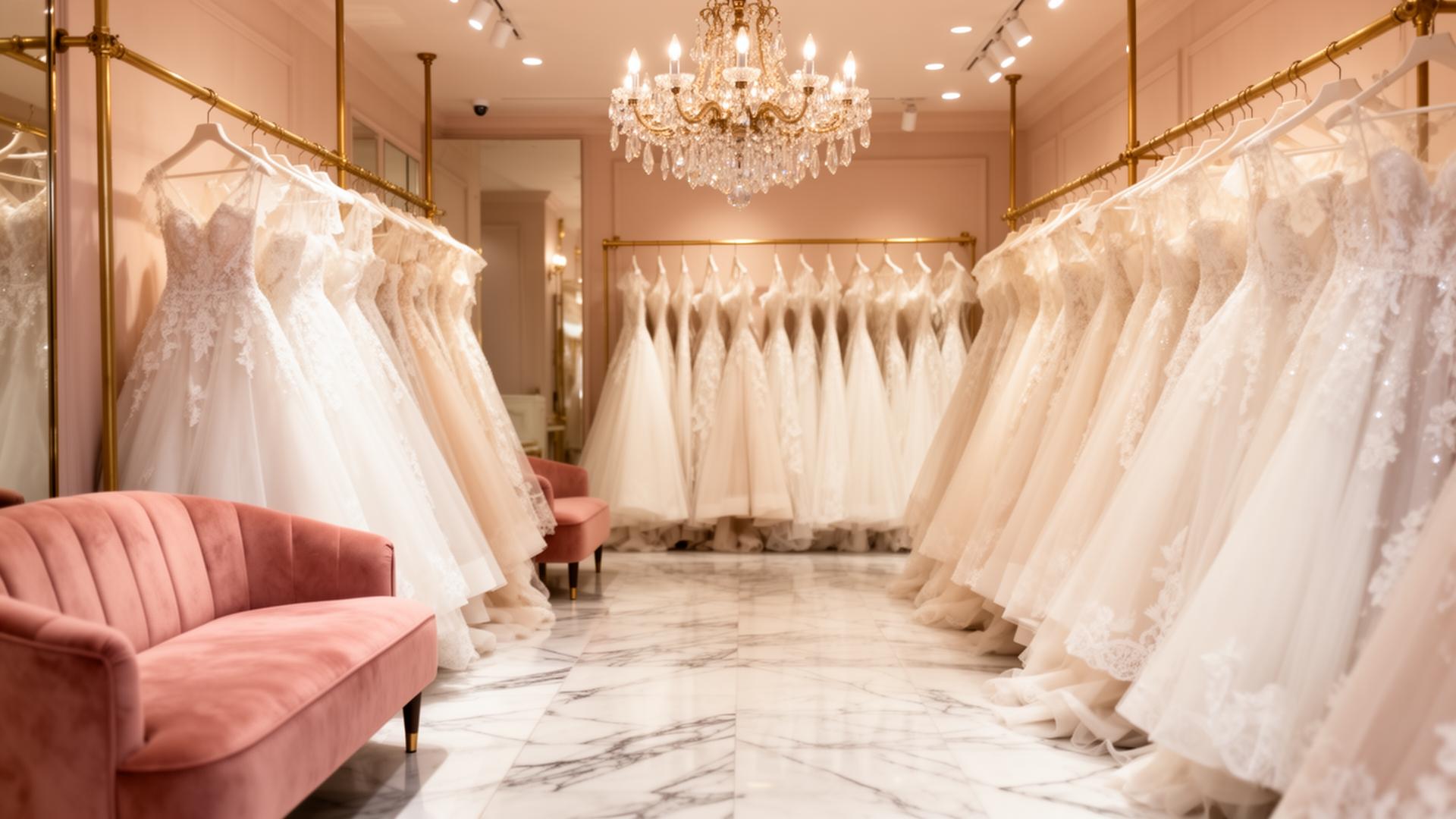 Elegant bridal boutique interior with warm lighting