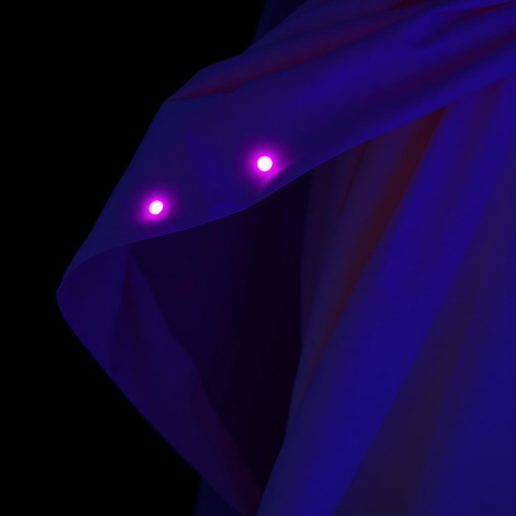 The same dress under UV light — small hot-pink dots glow at every bustle hook