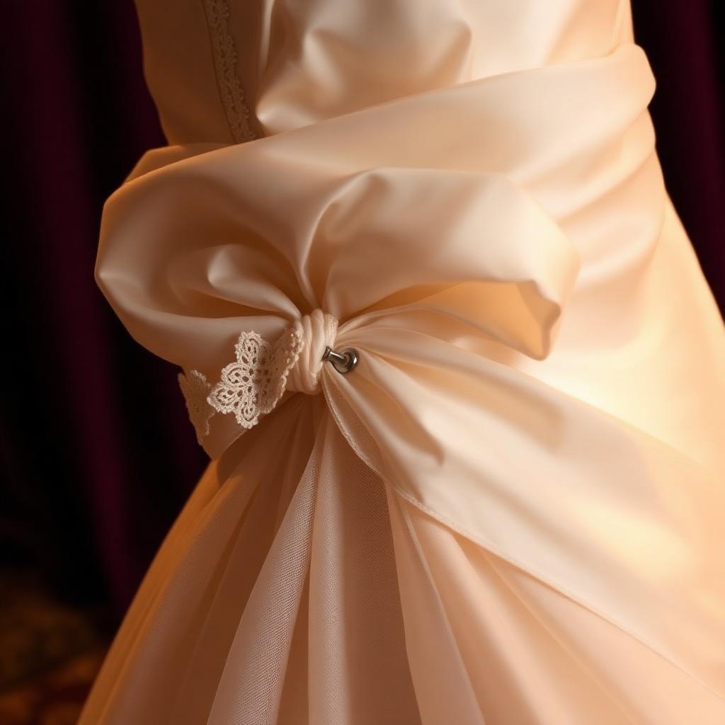 A bustled wedding dress hem under normal warm lighting — the bustle hooks blend invisibly into the fabric
